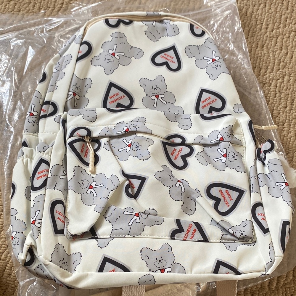 Heart and Bear Print Backpack with Keychain